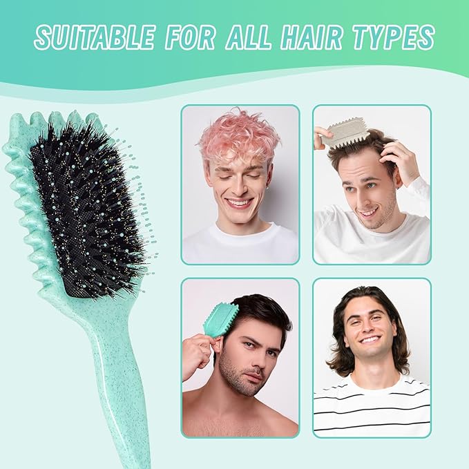 Boar Bristle Curly Hair Styling Brush – Detangling, Shaping & Defining Curls for Women & Men (Green)