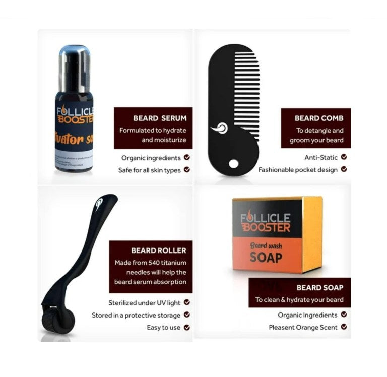 FollicleBooster 4-in-1 Beard Growth Kit – Serum, Roller, Soap & Comb for Thicker, Healthier Beards
