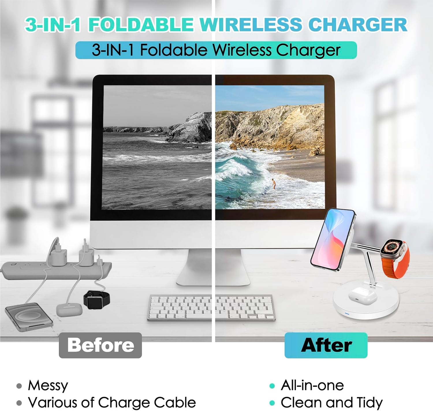 3-in-1 Magnetic Wireless Charger Stand – Fast Charging Station for iPhone, Apple Watch & AirPods (White)