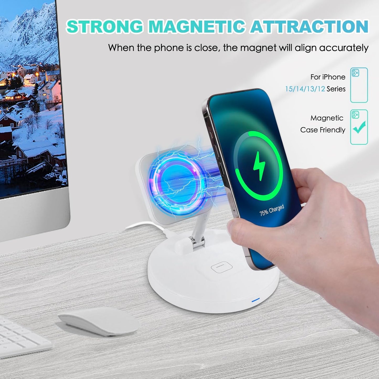 3-in-1 Magnetic Wireless Charger Stand – Fast Charging Station for iPhone, Apple Watch & AirPods (White)