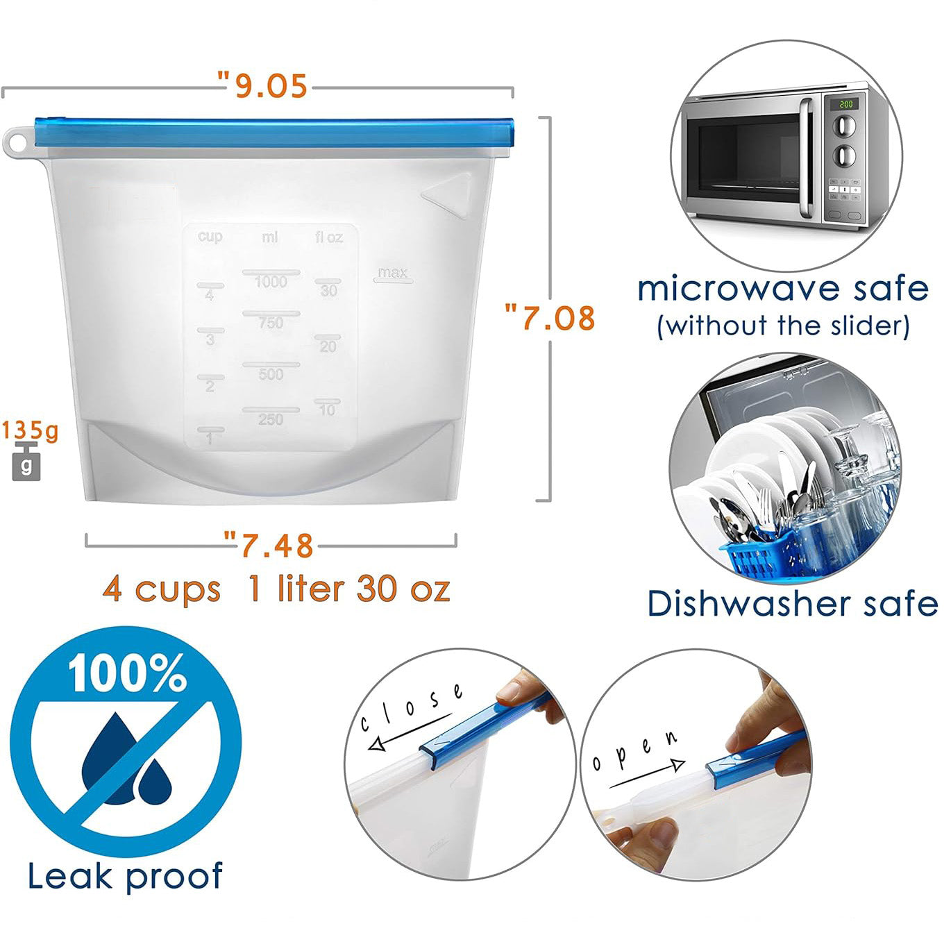 Reusable Silicone Food Storage Bags – 30oz Leakproof, Airtight, Food-Grade Quart Freezer Bags (4-Pack)