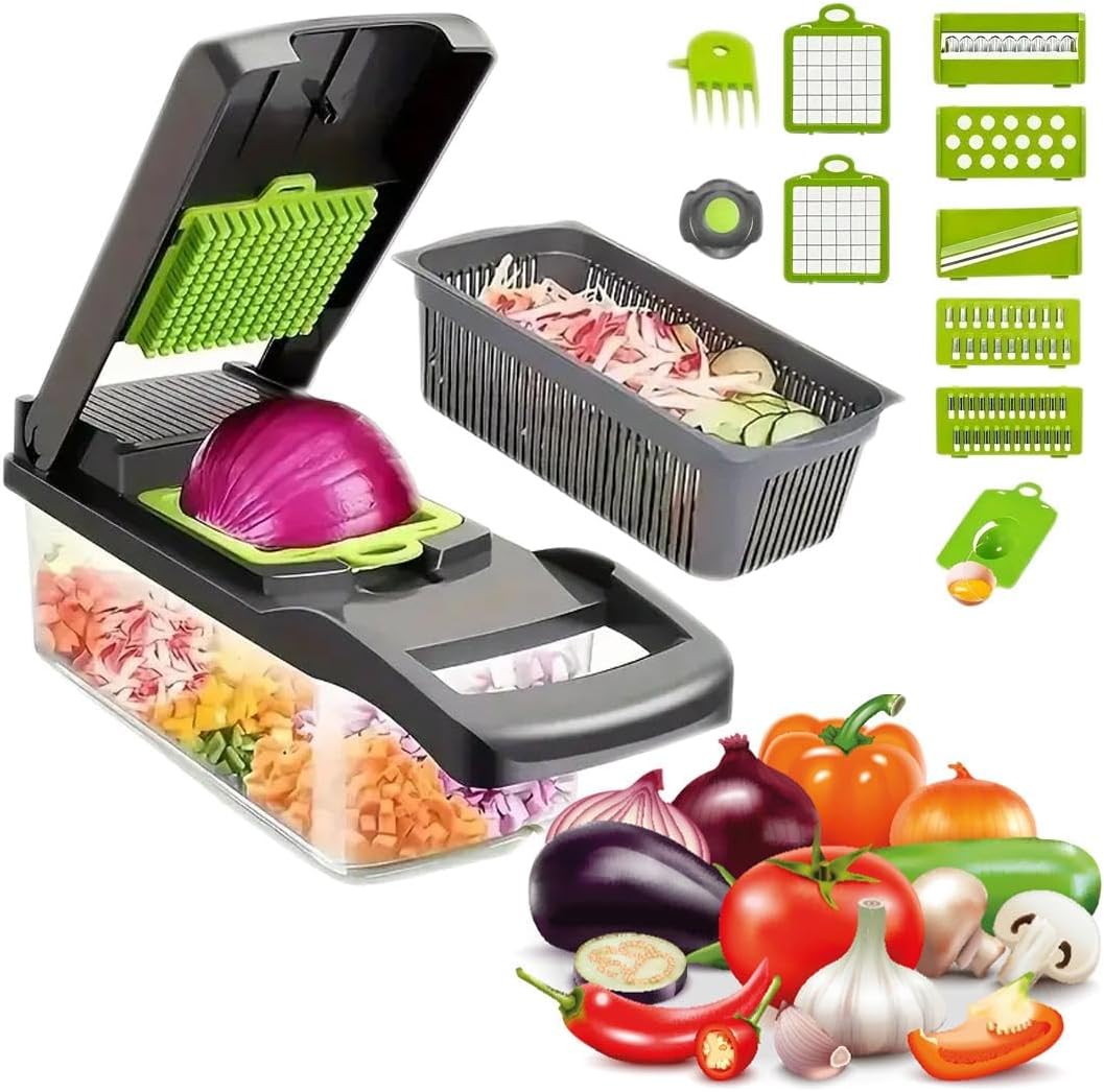 16-in-1 Vegetable Chopper & Manual Food Slicer – Multi-Blade Onion Cutter, Kitchen Gadget – Gray