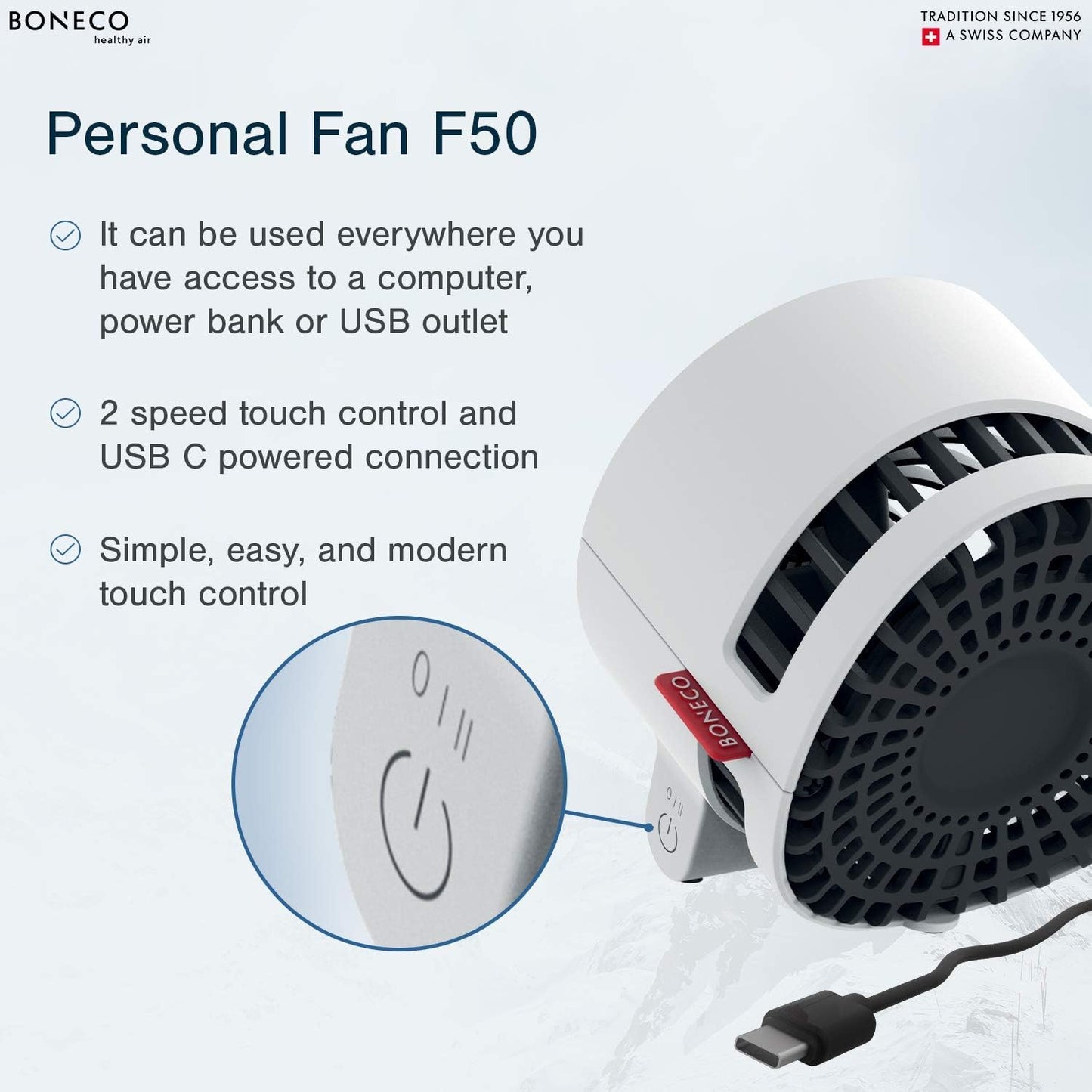 USB-C Mini Air Shower Fan – Personal Desk Fan with Touch Control & 2 Speeds