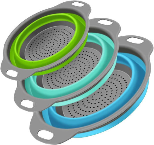 3pk Collapsible Colander Set with Handles - Space Saving Strainers