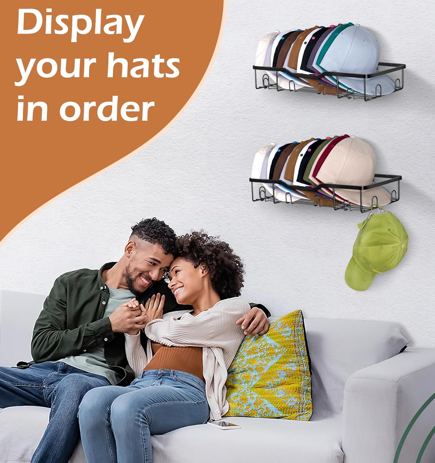 2pk Wall-Mounted Hat Organizer – Sturdy Metal Cap Rack for 40+ Hats