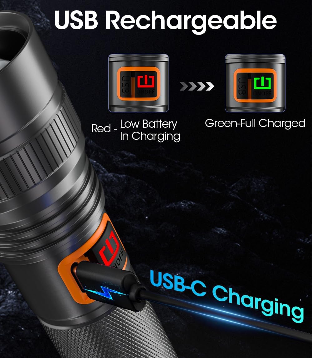 Super Bright Rechargeable Flashlight – Long-Throw LED Spotlight with USB-C Fast Charging