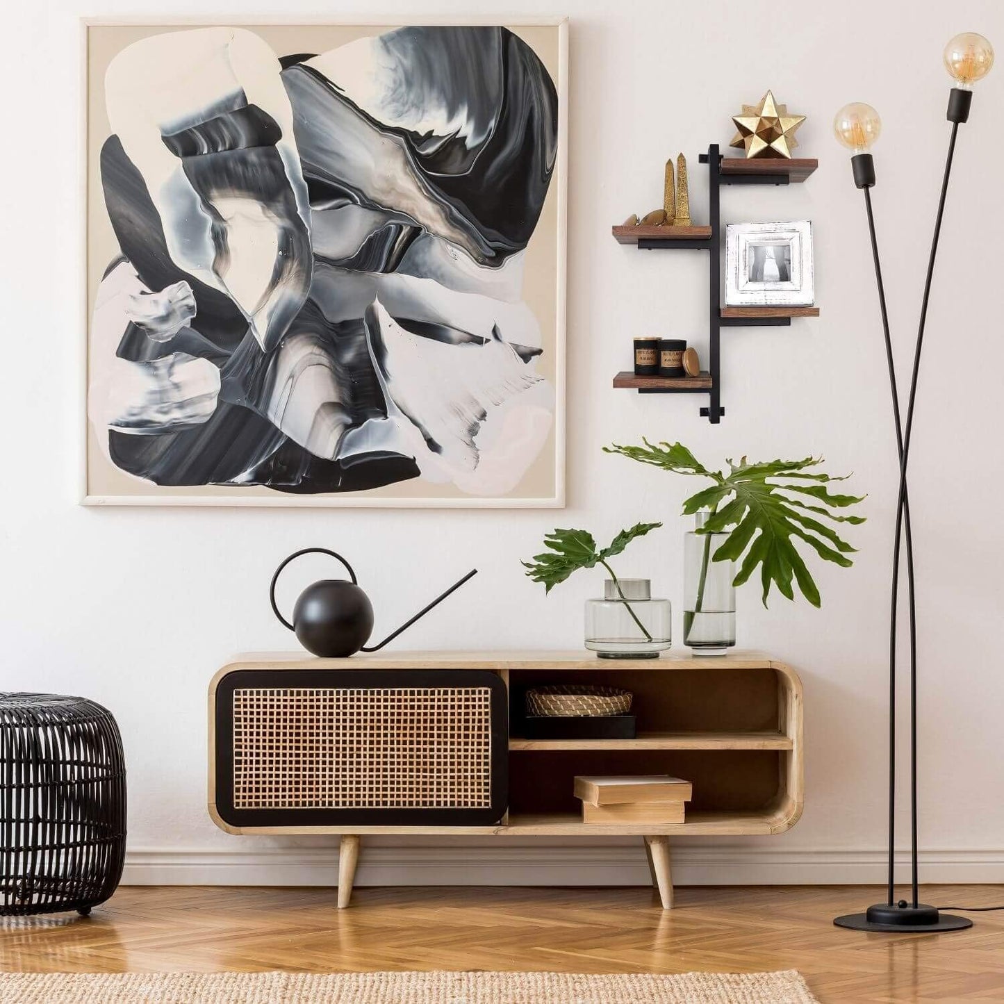 Rustic 4-Arm Floating Wall Shelf – Space-Saving Decorative Shelving with Metal Brackets