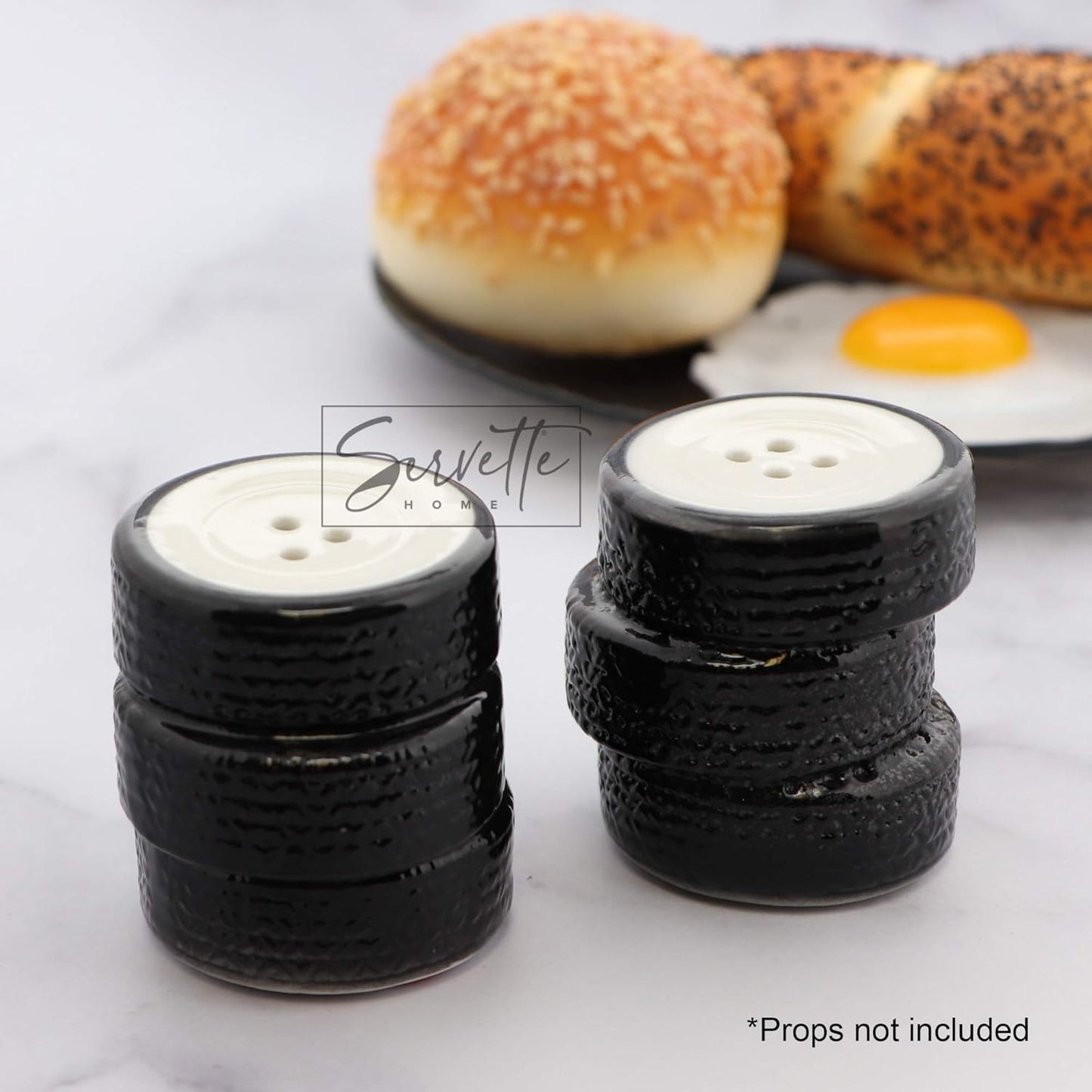 Stack of Tires Salt & Pepper Shaker Set – Ceramic Auto-Themed Kitchen Décor