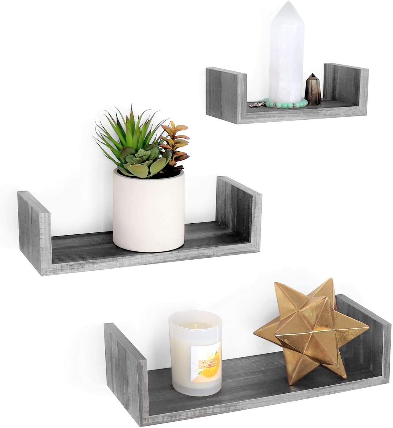 Rustic U-Shaped Floating Wall Shelves – Set of 3 | Minimalist Wood Shelves for Home & Pantry Decor