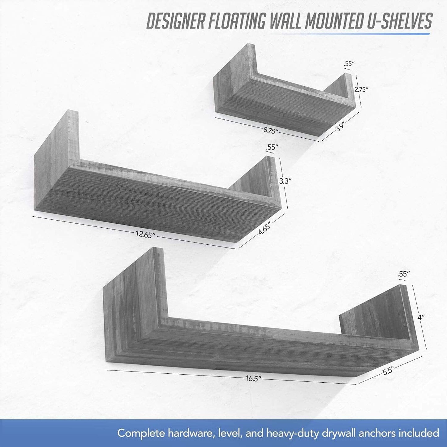 Rustic U-Shaped Floating Wall Shelves – Set of 3 | Minimalist Wood Shelves for Home & Pantry Decor