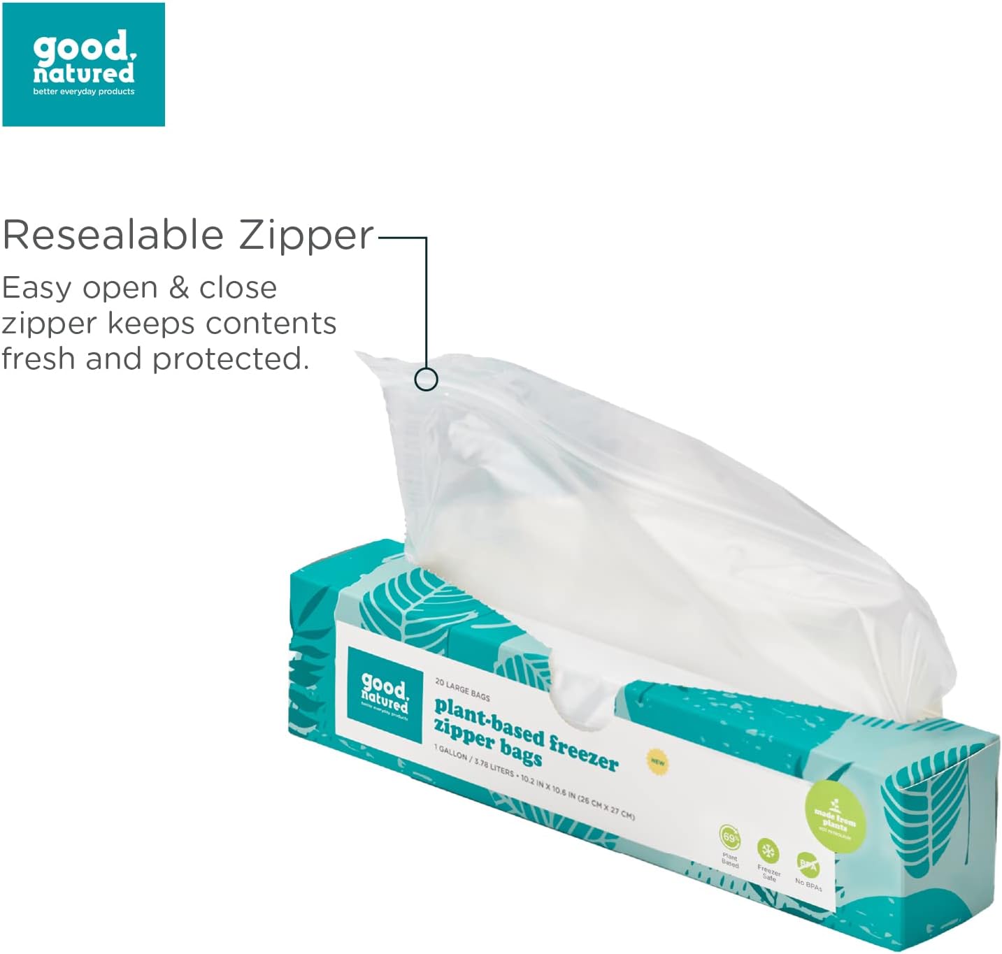 Plant-Based 1 Gallon Freezer Bags – 20pc Resealable Zipper Bags for Food Storage (Choose Qty)