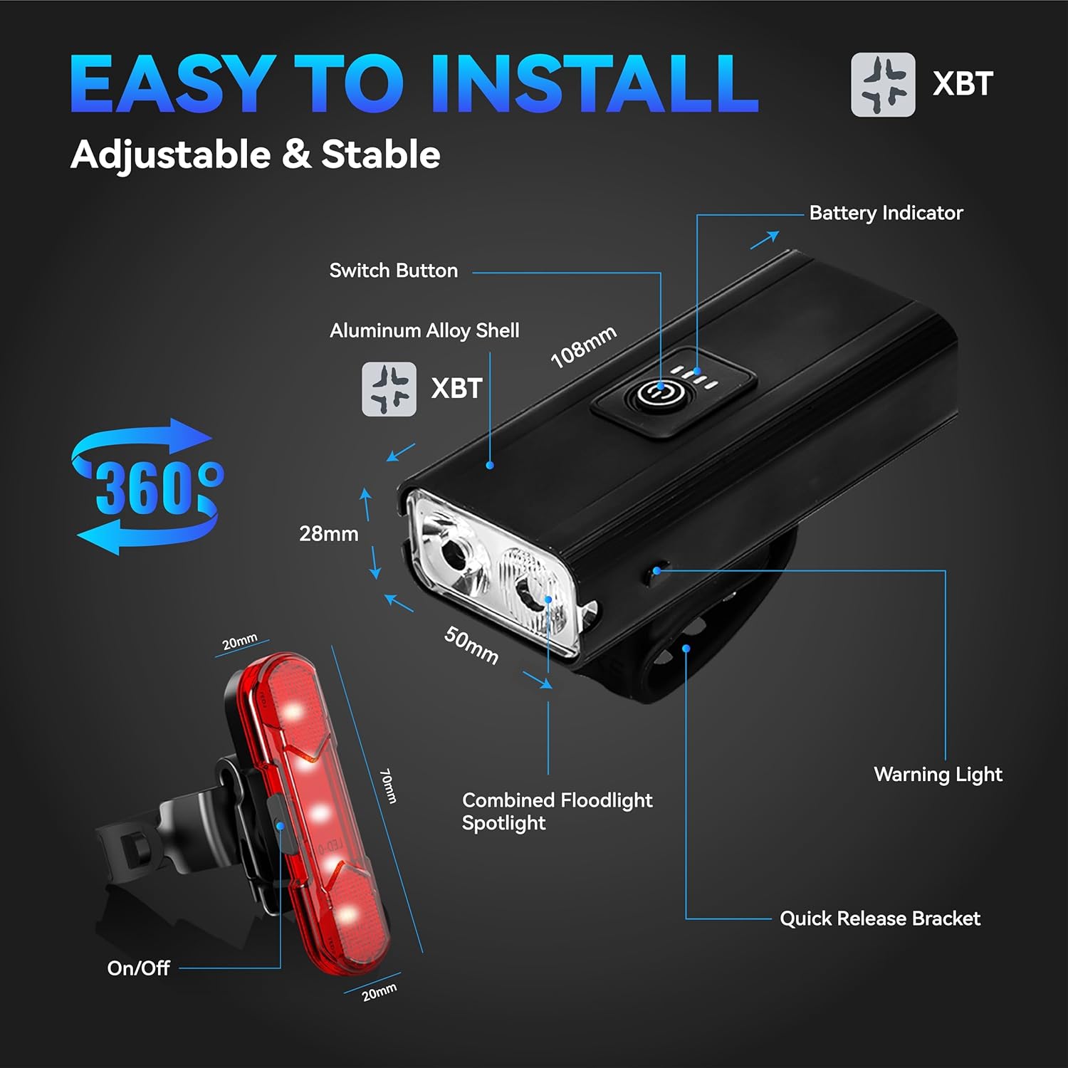 1600 Lumens Bike Headlight & Taillight Set – USB Rechargeable, Waterproof, 10 Modes