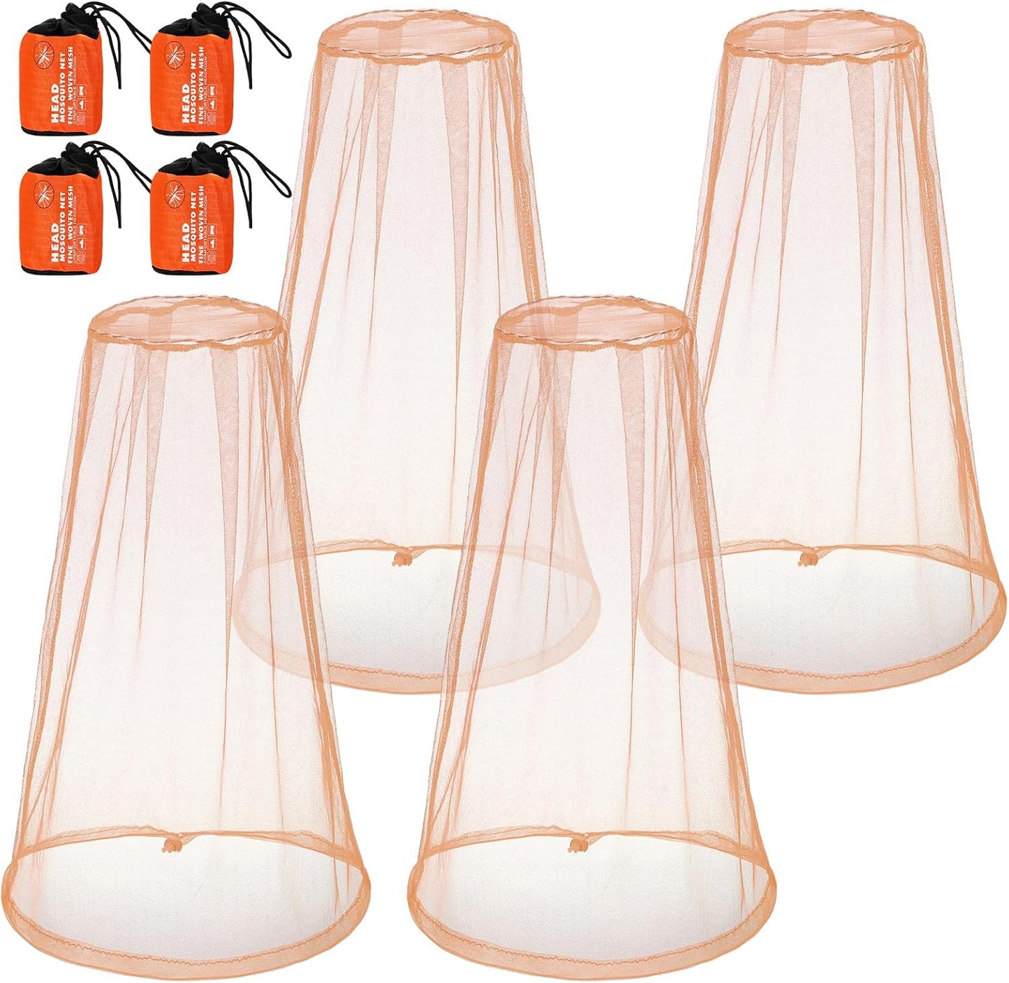 4pk Mosquito Head Net – Breathable Nylon Mesh Face & Neck Protection with Drawstring Carry Bags