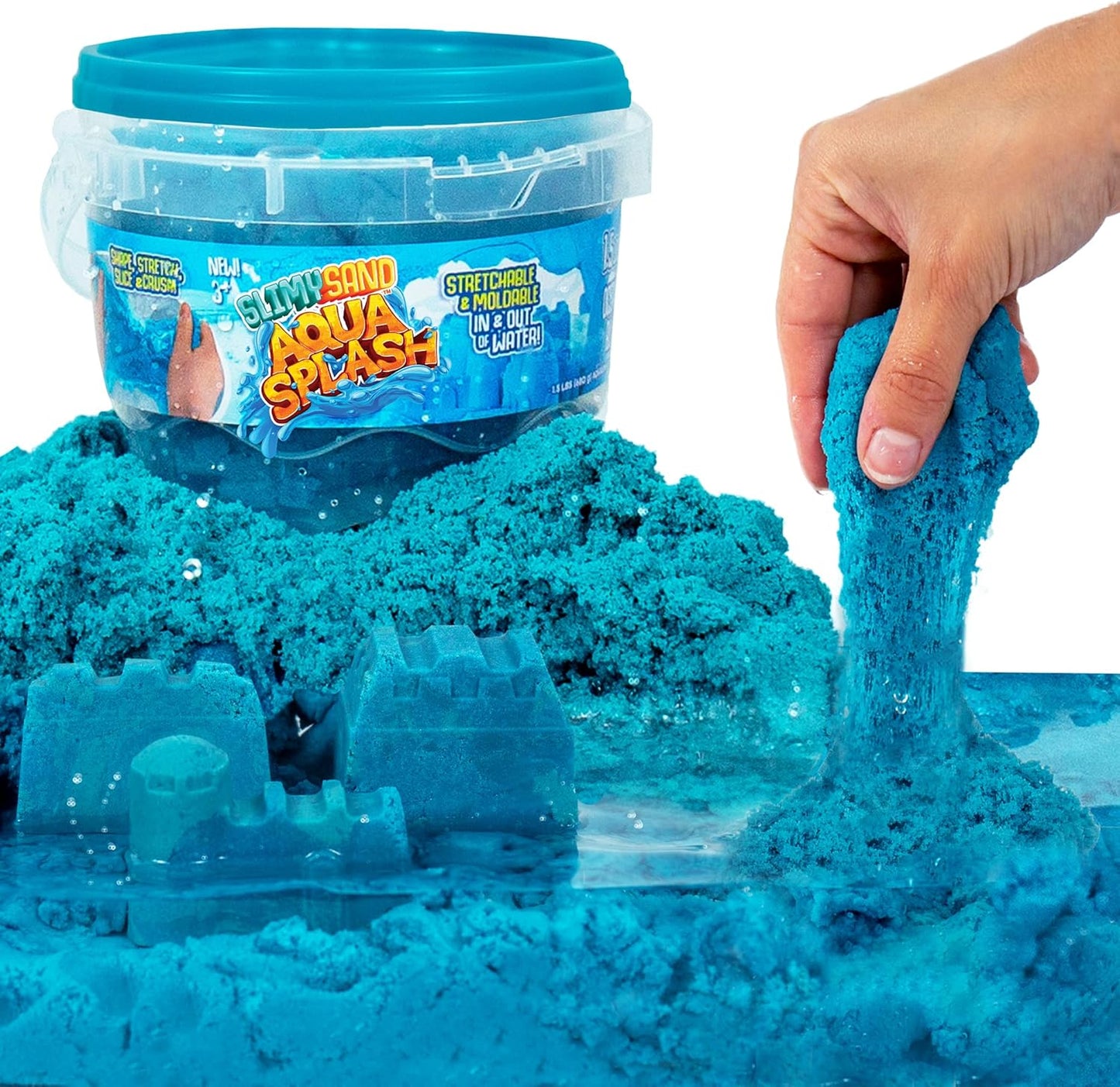 Slimy Sand Aqua Splash – 1.5 lbs Blue Moldable Water Play Sand with Bucket