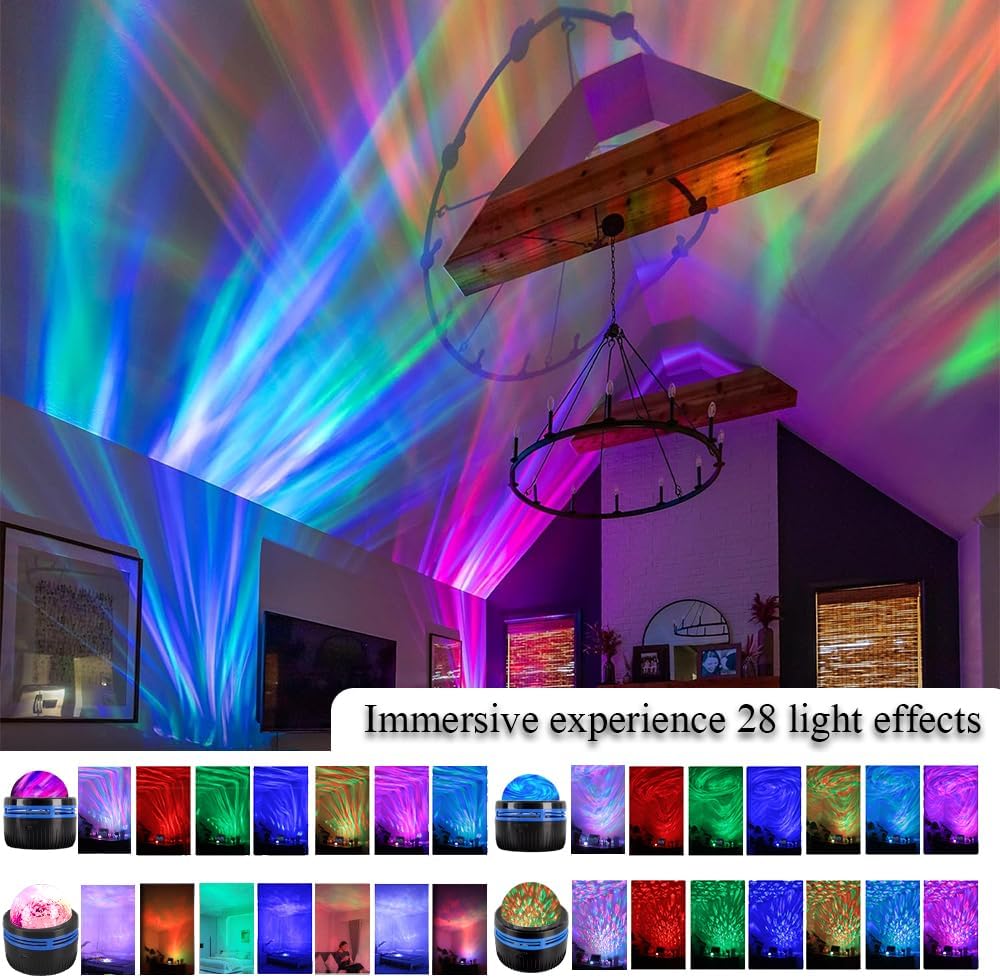 4-in-1 Northern Lights & Ocean Wave Projector – 28 Galaxy Effects, USB-C or AA Power
