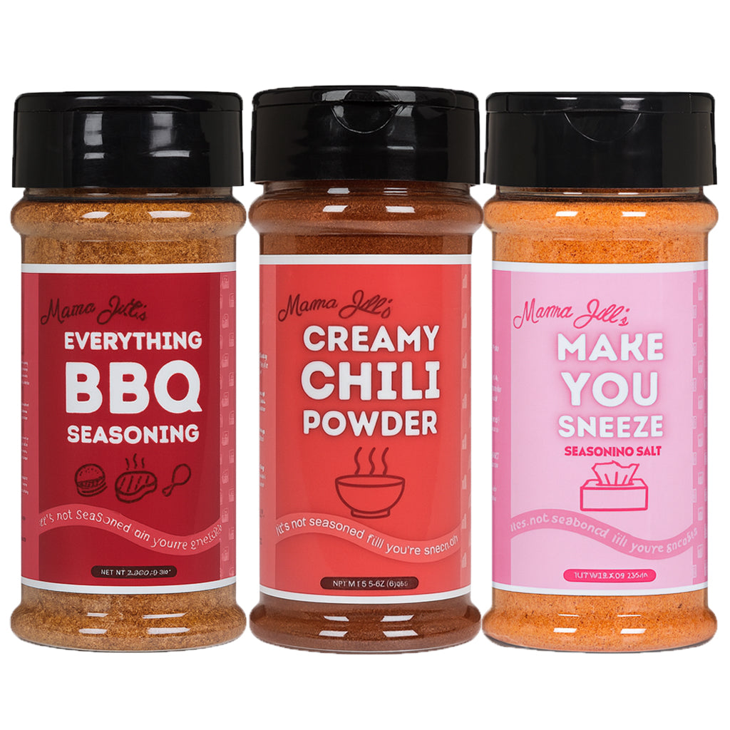 3pk Mama Jill’s Seasoning - Everything BBQ, Make You Sneeze Salt, Creamy Chili Powder