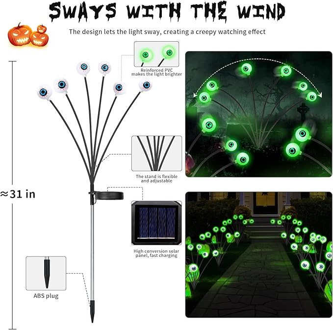 Scary Eyeballs Solar Pathway Lights – Waterproof with Flashing Modes - 4 Pack