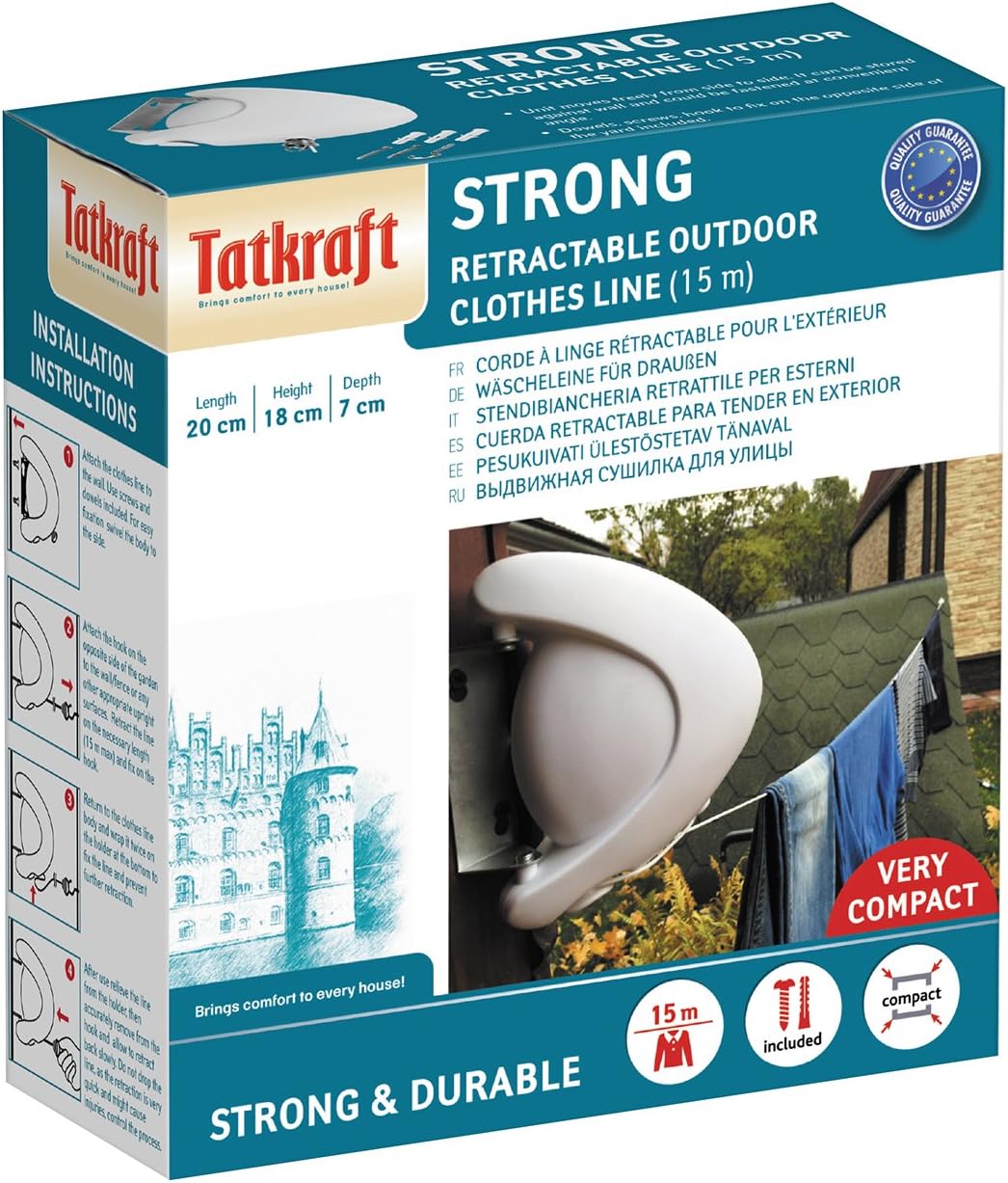 Tatkraft Strong Retractable Clothesline – 49ft Automatic Heavy-Duty Outdoor Dryer