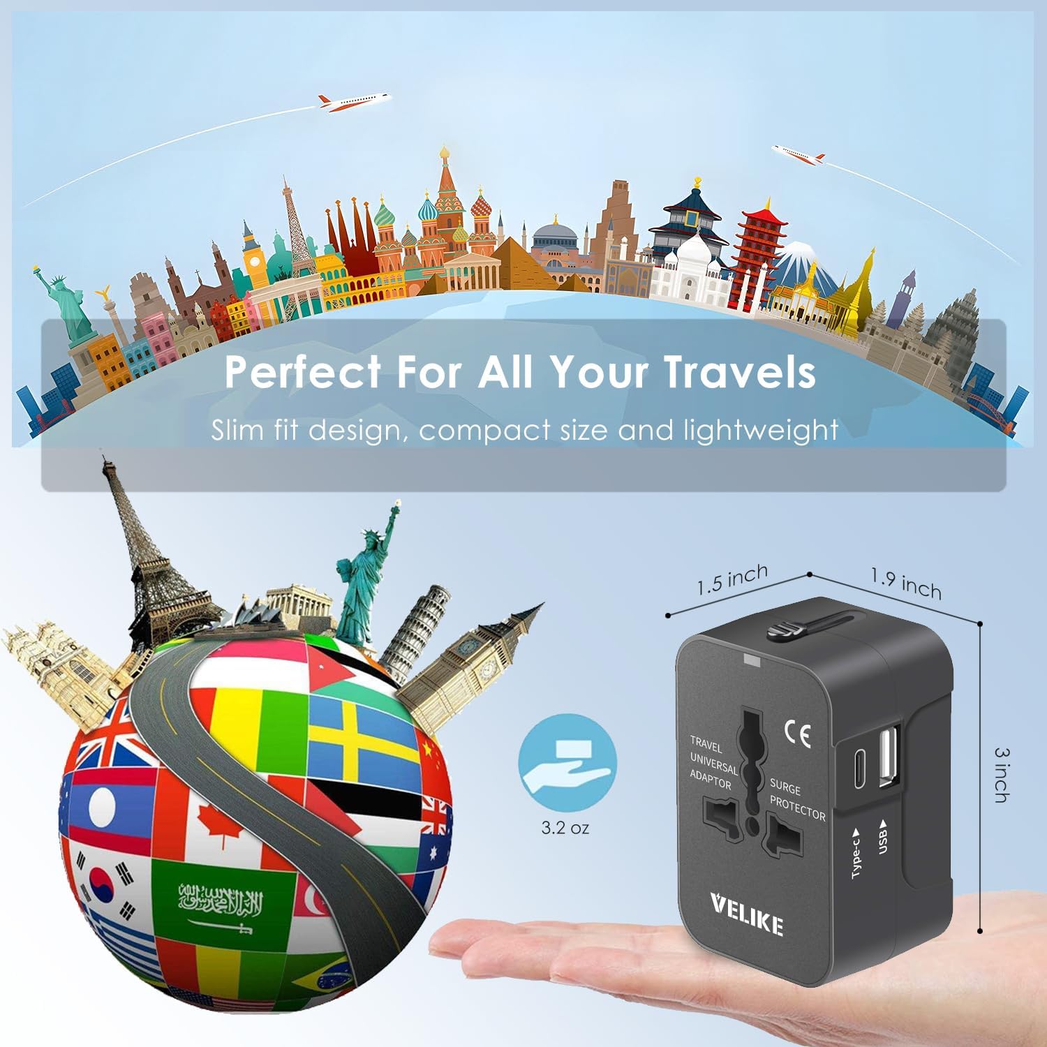 VELIKE Travel Adapter Worldwide – Universal Plug Converter with USB-C & USB