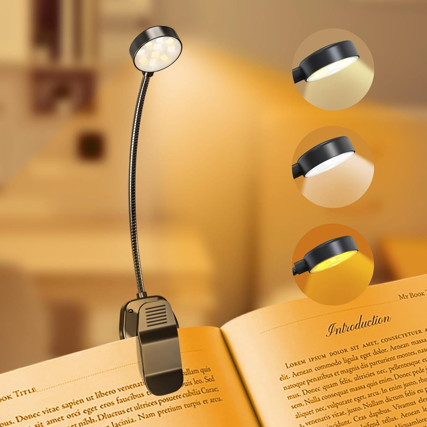 Rechargeable Book Light – Clip On Reading Lamp – 3 Color Temperatures & Adjustable Brightness