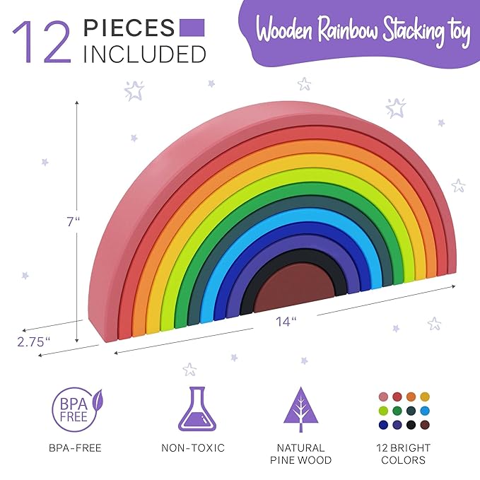 12pc Pirouettely Wooden Rainbow Stacking Toy – Large Size