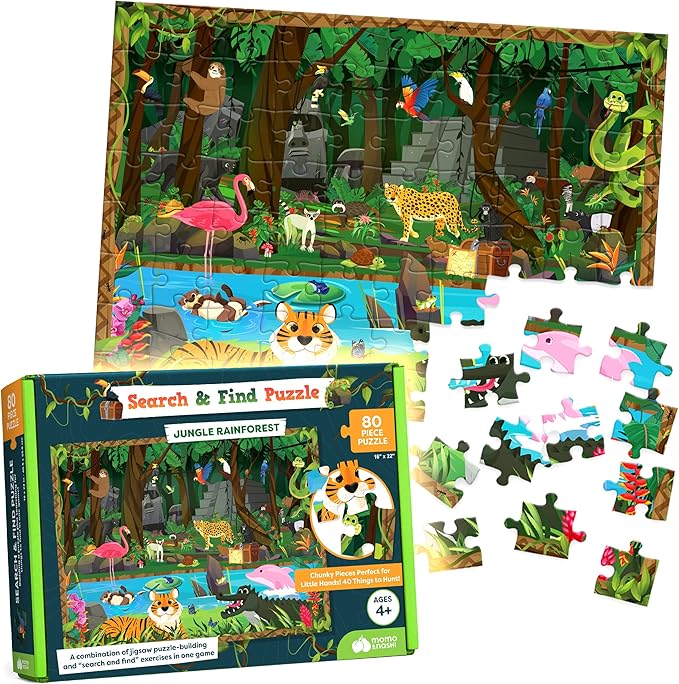 Search & Find Kids Jigsaw Puzzle – 80-Piece Jungle Rainforest Learning Puzzle