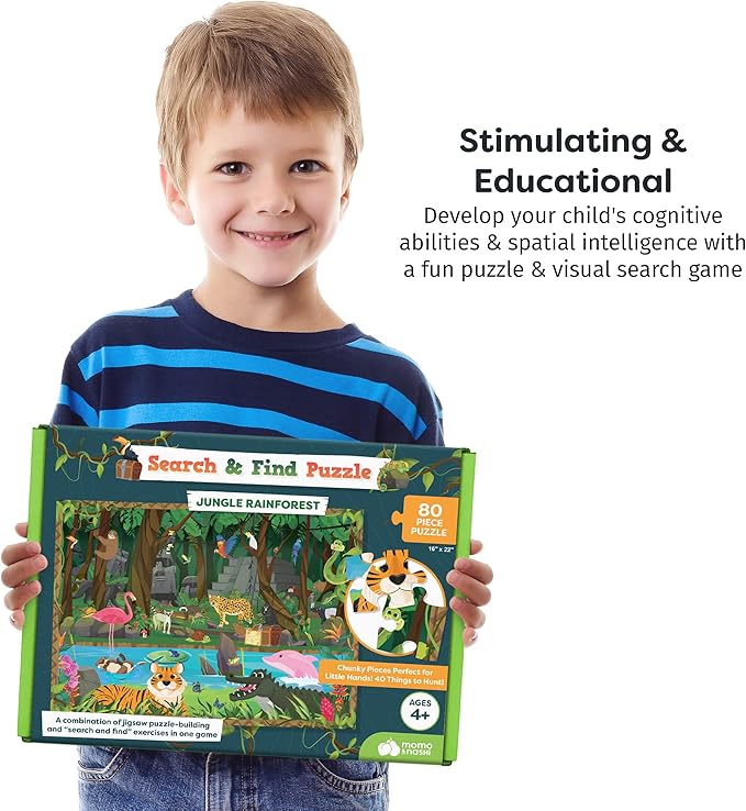 Search & Find Kids Jigsaw Puzzle – 80-Piece Jungle Rainforest Learning Puzzle