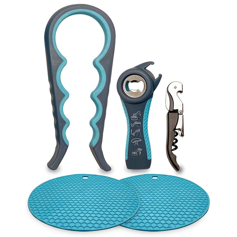 Multi-Function 5-in-1 Bottle Opener Set – Jar, Cap & Corkscrew Opener with Rubber Grips