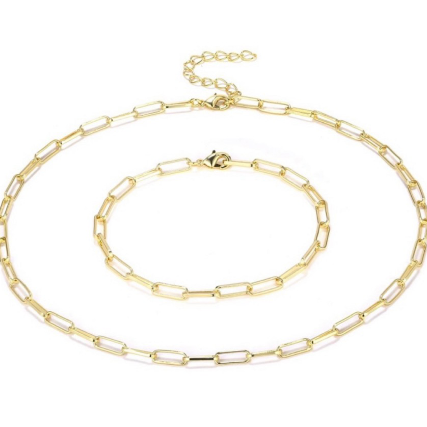 2pc Trendy 18K Gold Plated Paperclip Necklace and Bracelet Set