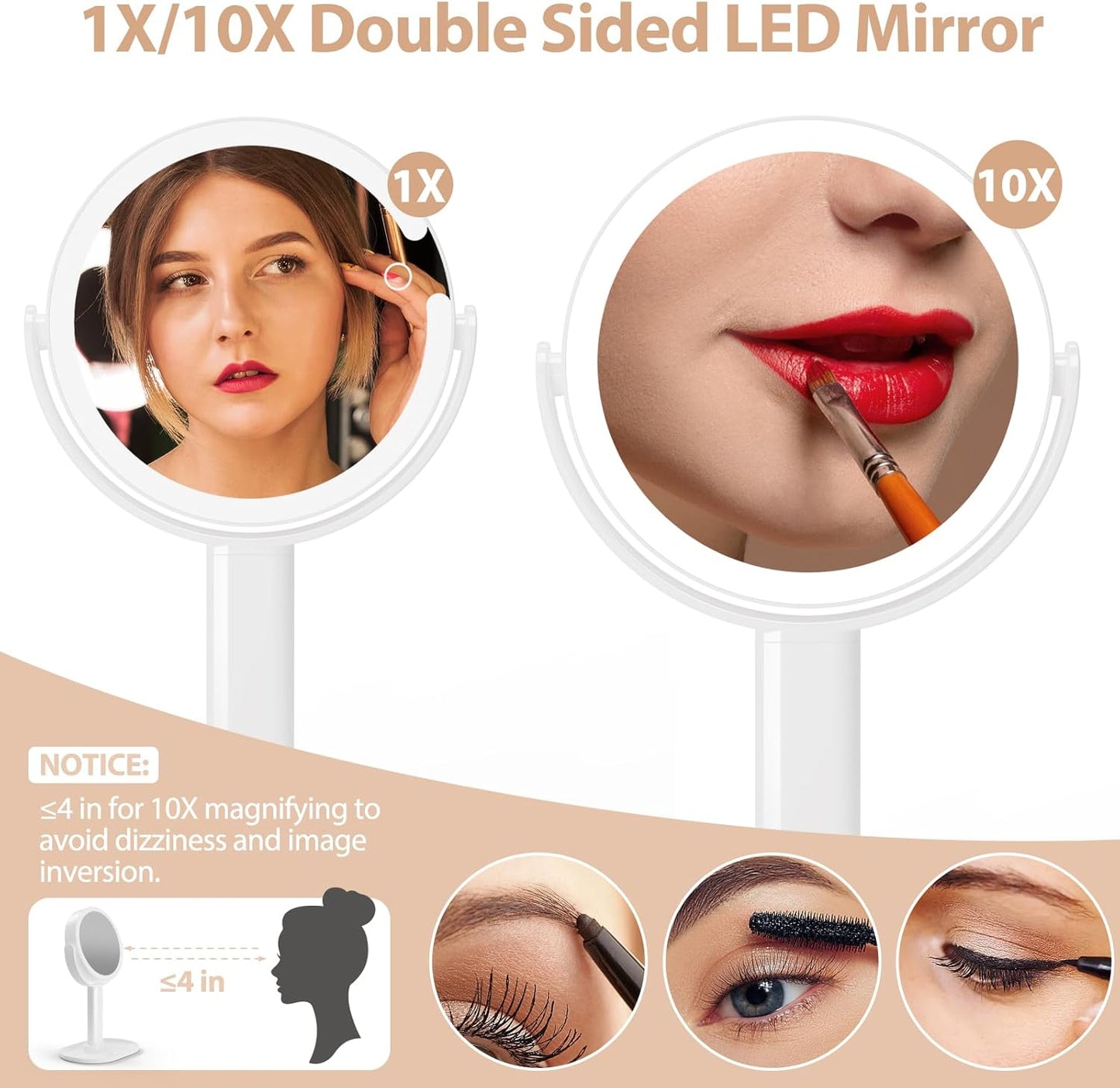 Rechargeable Double Sided LED Mirror - 1x/10x Magnification - White