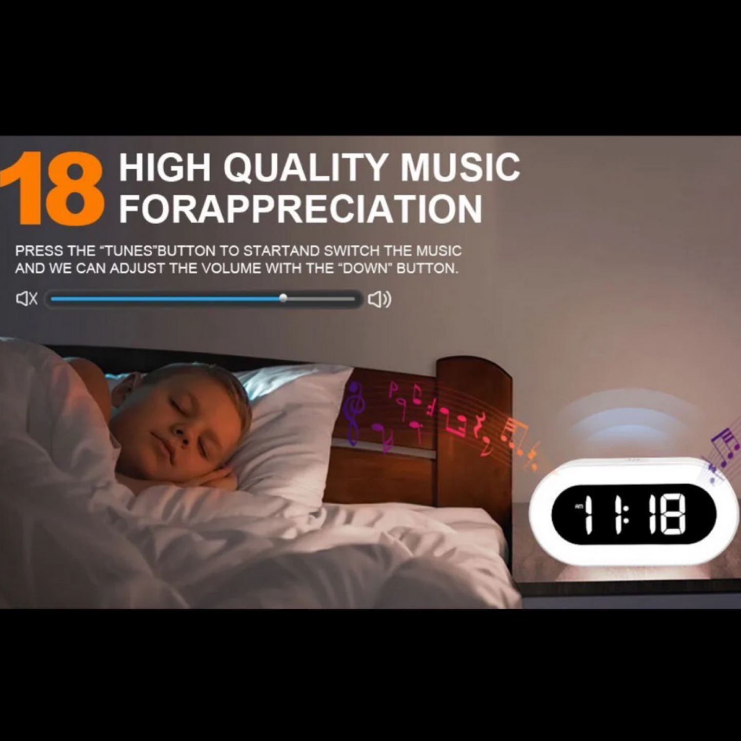 LED Music Alarm Clock w/ Night Light - 18 Melodies, USB Charging
