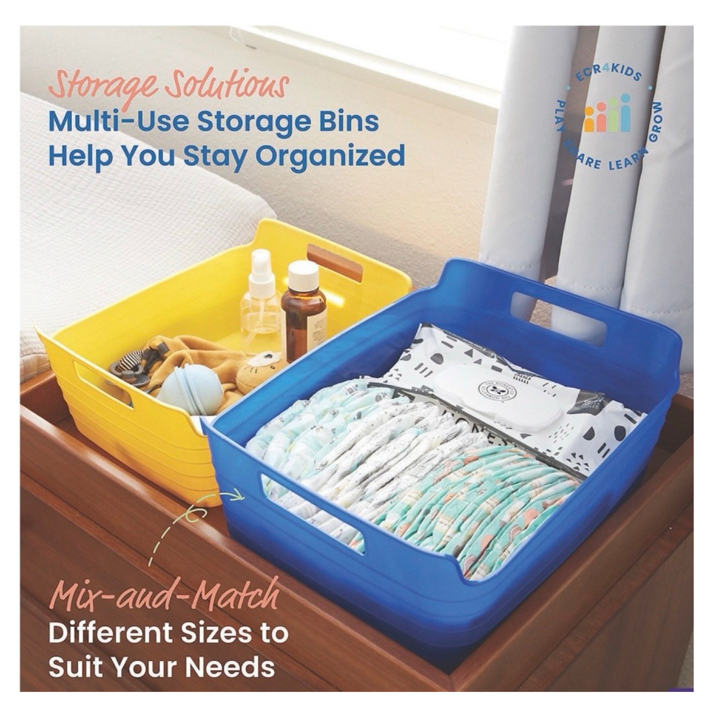 4pk Multi-Colored Storage Bins w/ Handles, Stackable & Flexible - Choose 14" or 11"