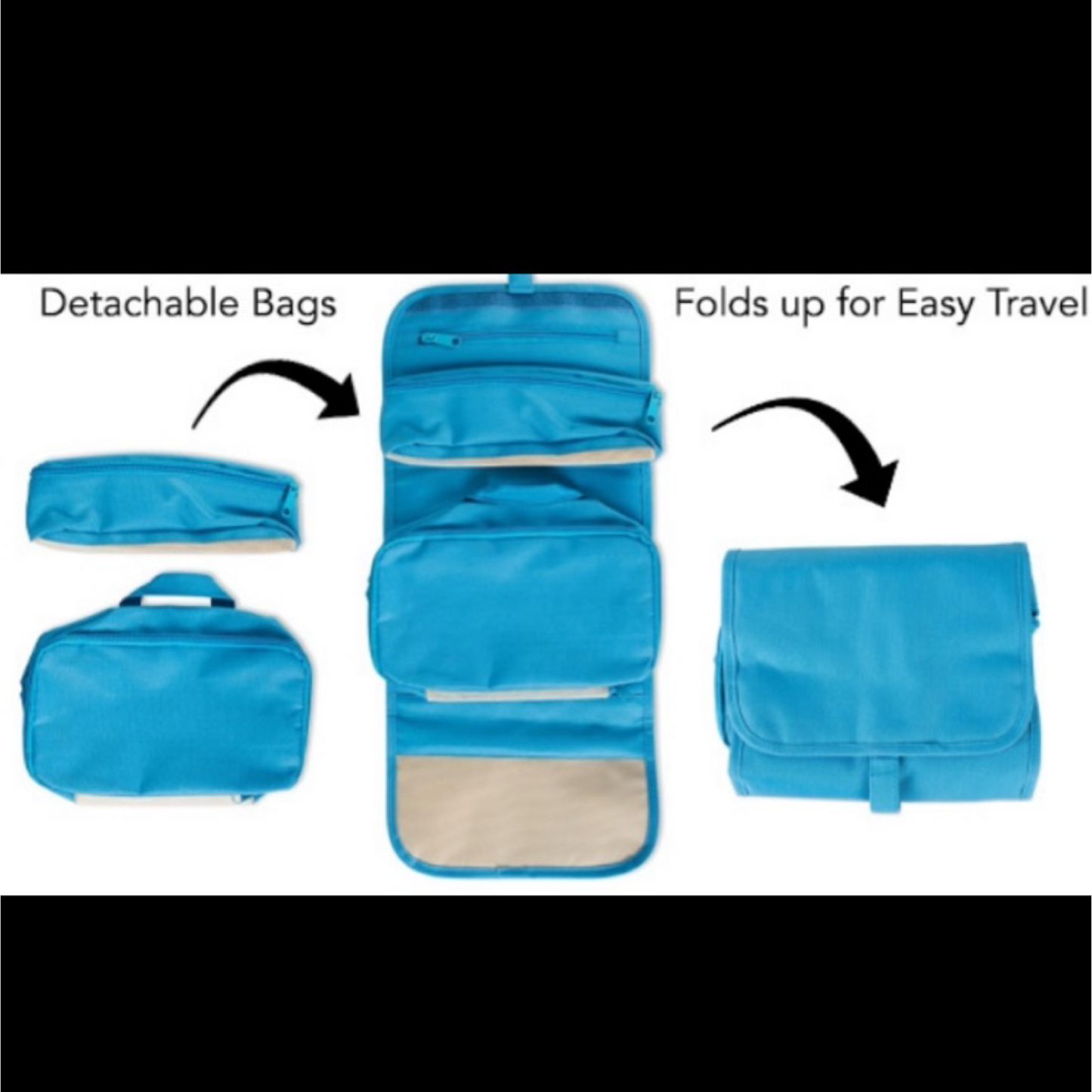 Hanging Roll Up Toiletry Bag w/ 2 Removable Snap-on Bags