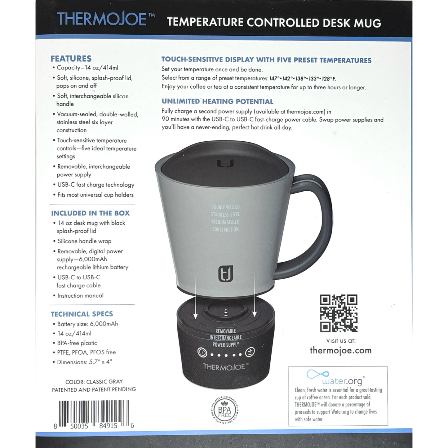 ThermoJoe Smart Heated Mug – Cordless, Battery Powered, Adjustable Temp, 14oz FREE SHIPPING!