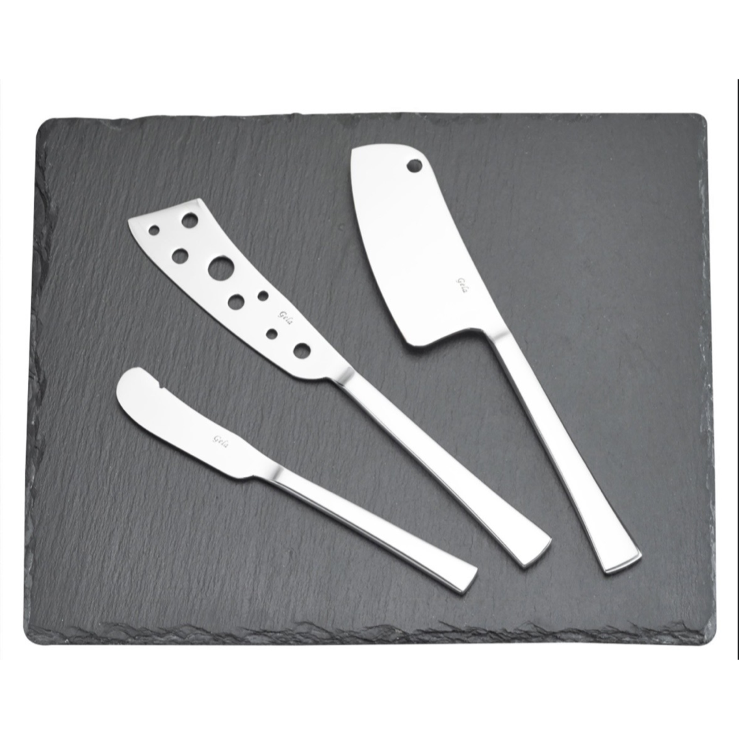 4pc Natural Stone Slate Cheese Board Charcuterie Set - Stainless Steel Knives