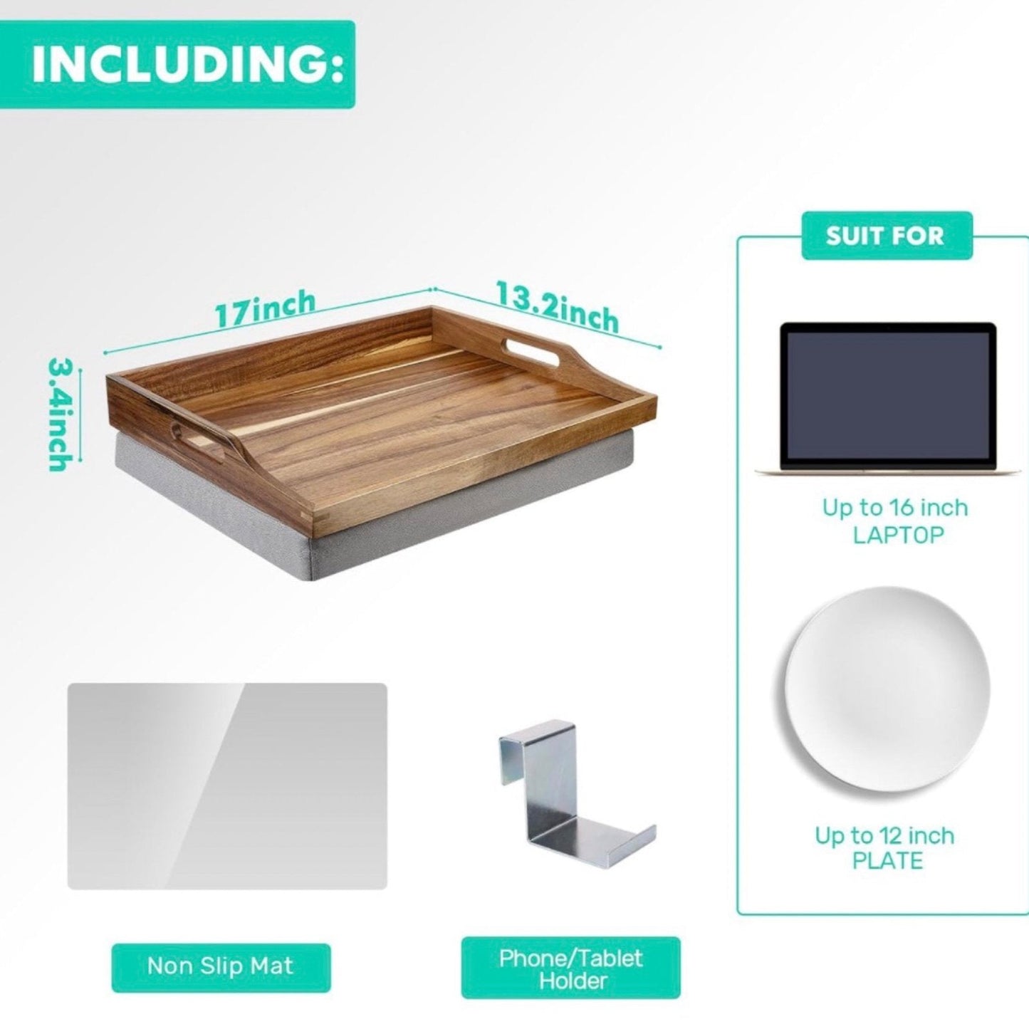 17" Acacia Wood Lap Desk with Detachable Cushion & Phone Holder - Breakfast in Bed