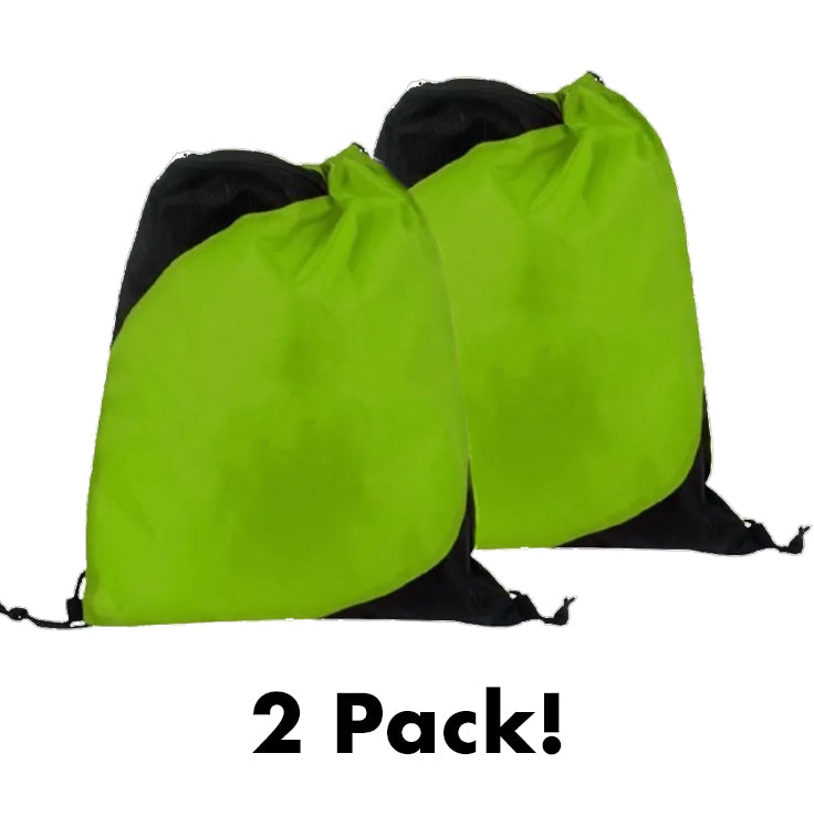 2 Pack Neon Green Durable Sportpack –  Drawstring Gym Bags with Zippered Mesh Pocket