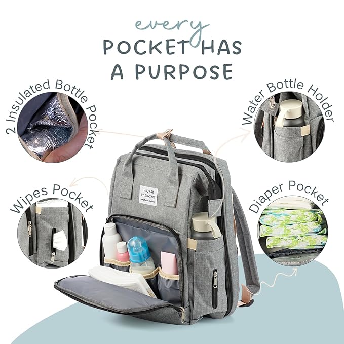 Large Grey Diaper Bag Backpack with Bassinet & Changing Station – Waterproof & Versatile
