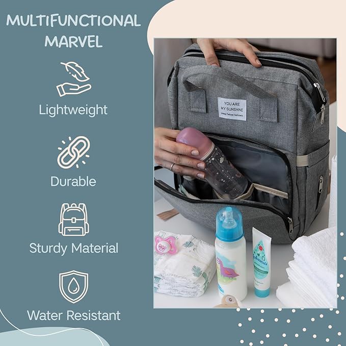 Large Grey Diaper Bag Backpack with Bassinet & Changing Station – Waterproof & Versatile
