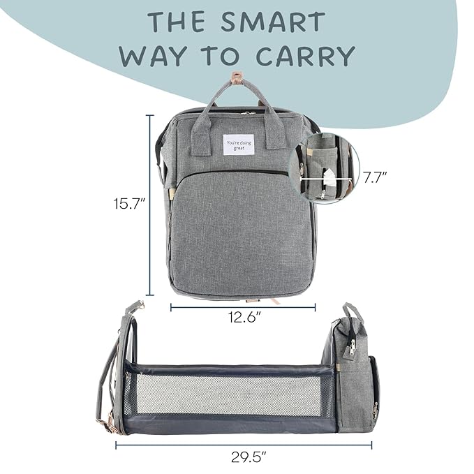 Large Grey Diaper Bag Backpack with Bassinet & Changing Station – Waterproof & Versatile