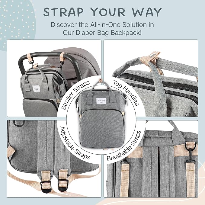 Large Grey Diaper Bag Backpack with Bassinet & Changing Station – Waterproof & Versatile
