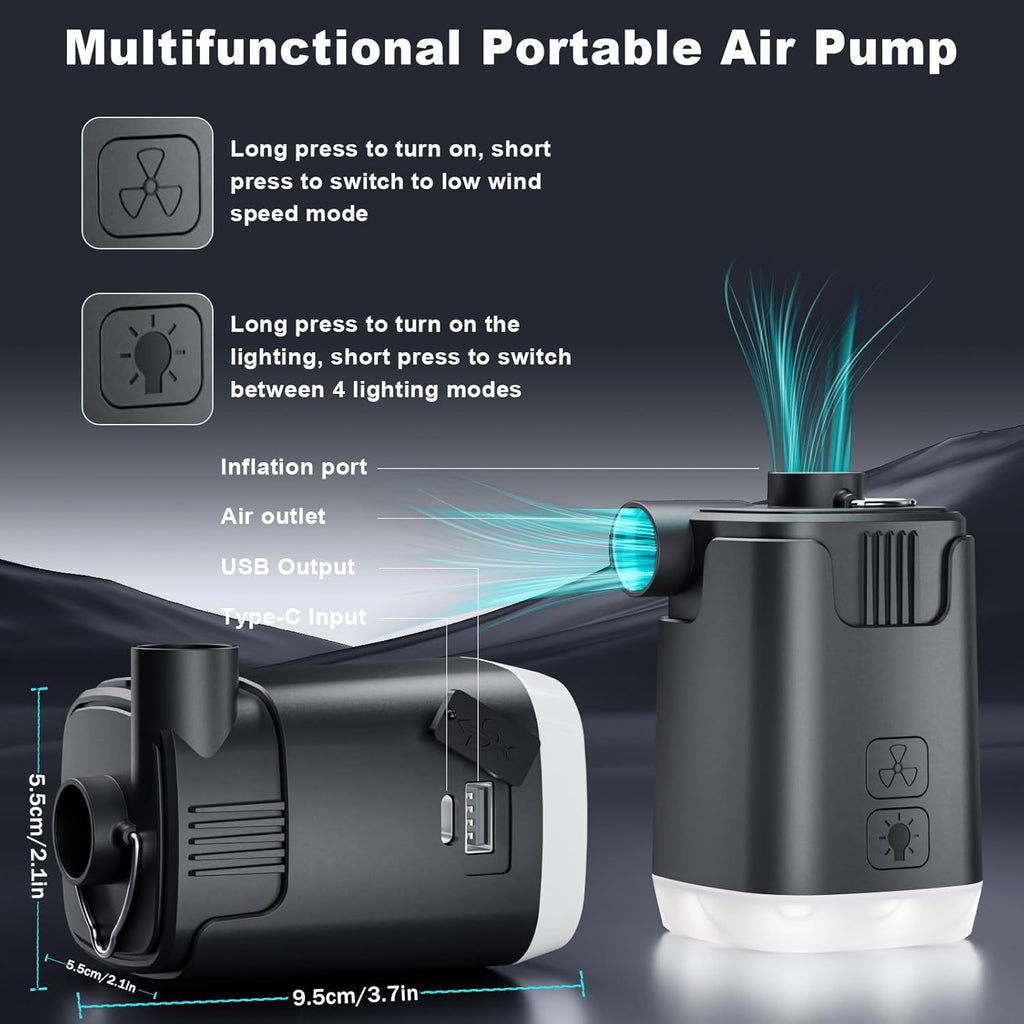 Mini Air Pump with LED Light, 5 Nozzles & 4000mAh Rechargeable Power Bank