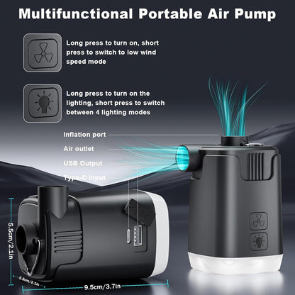Mini Air Pump with LED Light, 5 Nozzles & 4000mAh Rechargeable Power Bank