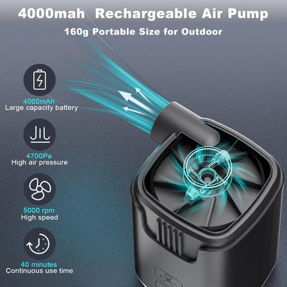 Mini Air Pump with LED Light, 5 Nozzles & 4000mAh Rechargeable Power Bank