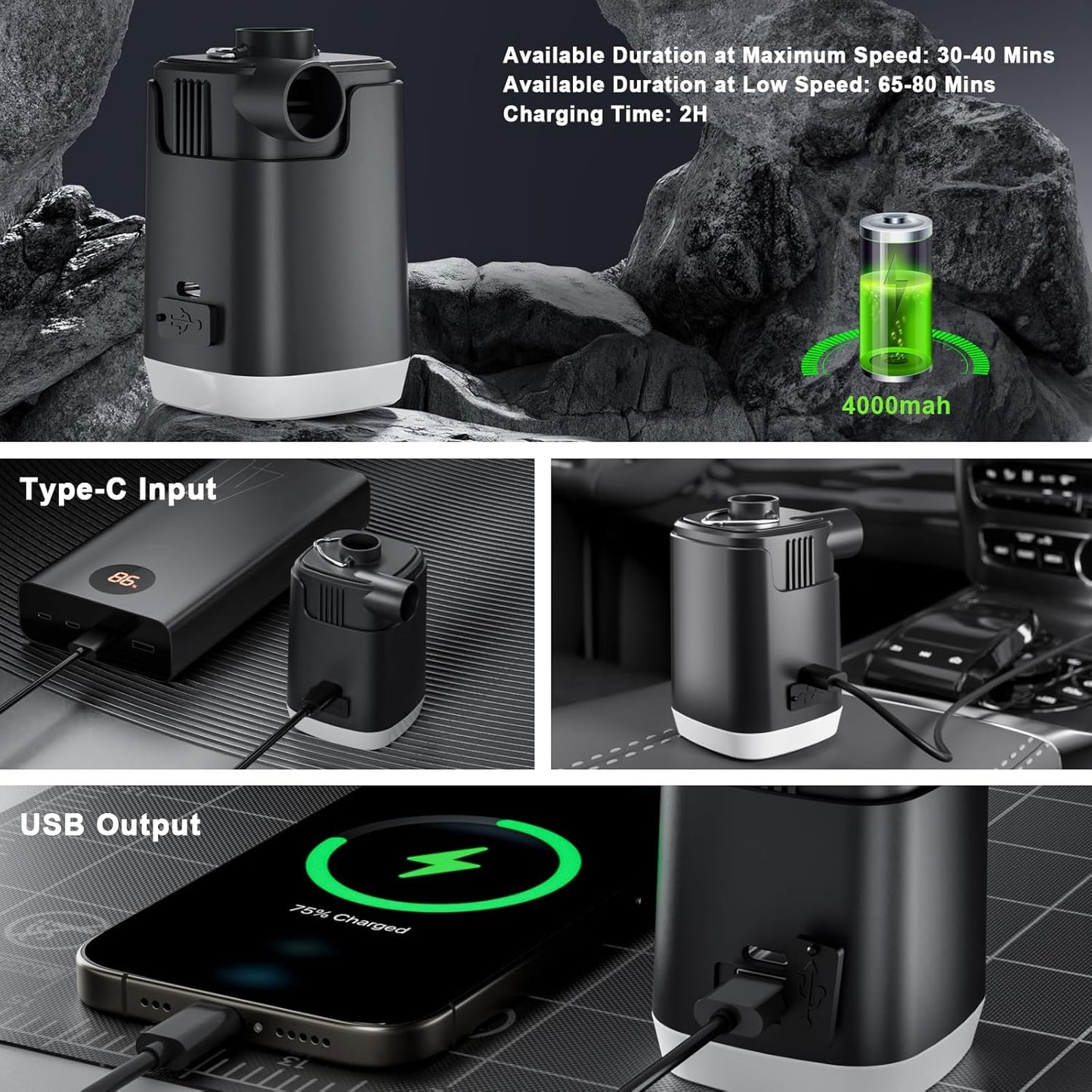 Mini Air Pump with LED Light, 5 Nozzles & 4000mAh Rechargeable Power Bank