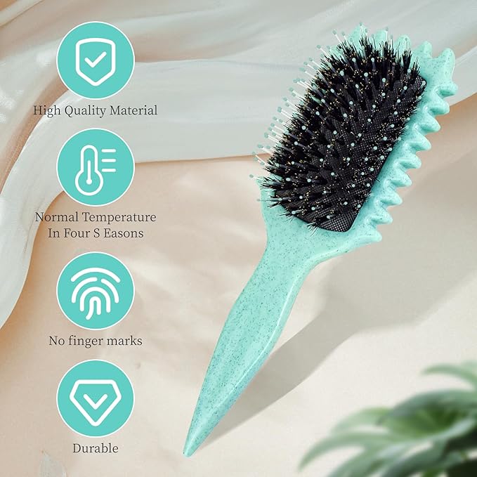 Boar Bristle Curly Hair Styling Brush – Detangling, Shaping & Defining Curls for Women & Men (Green)