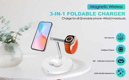 3-in-1 Magnetic Wireless Charger Stand – Fast Charging Station for iPhone, Apple Watch & AirPods (White)