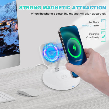 3-in-1 Magnetic Wireless Charger Stand – Fast Charging Station for iPhone, Apple Watch & AirPods (White)
