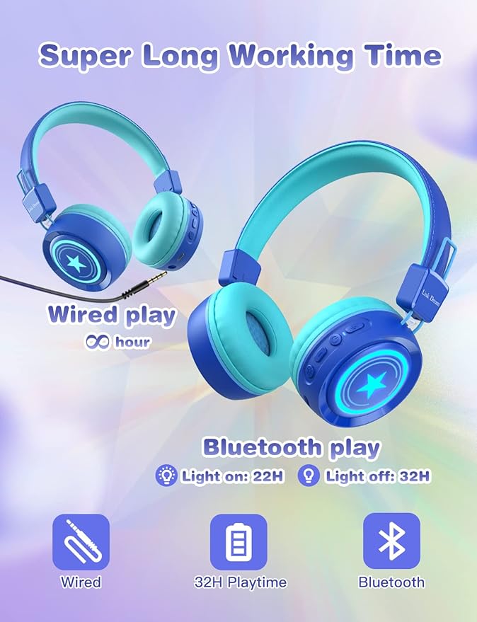 Kids Bluetooth Headphones with HD Sound, RGB Lights & 32 Hour Playtime