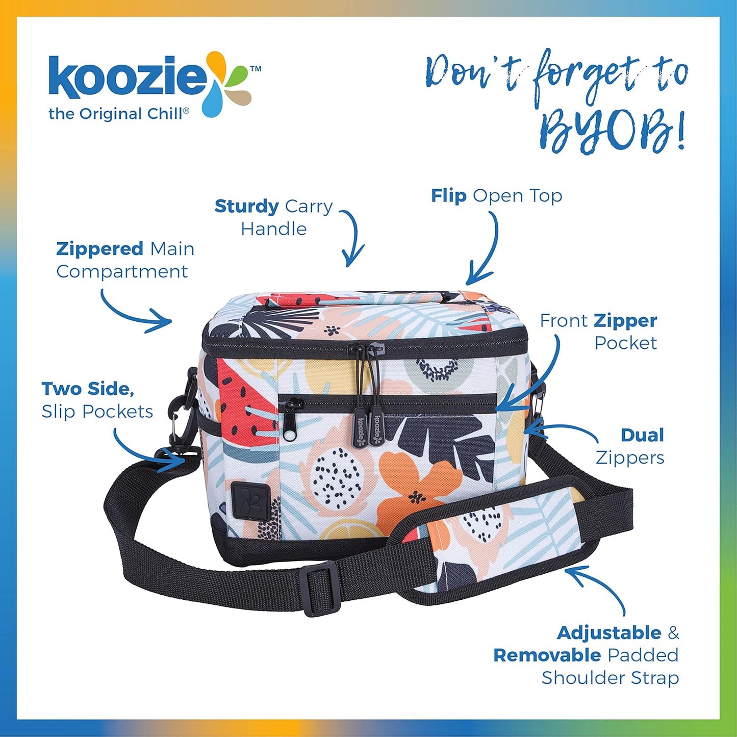 KOOZIE Small Insulated Lunch Cooler – 6-Can Soft Sided Bag – Tutti Fruitti Design